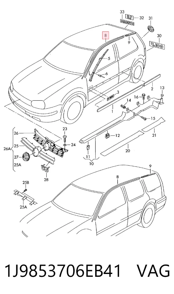 Молдинг крыши правый 1J9853706EB41 VAG