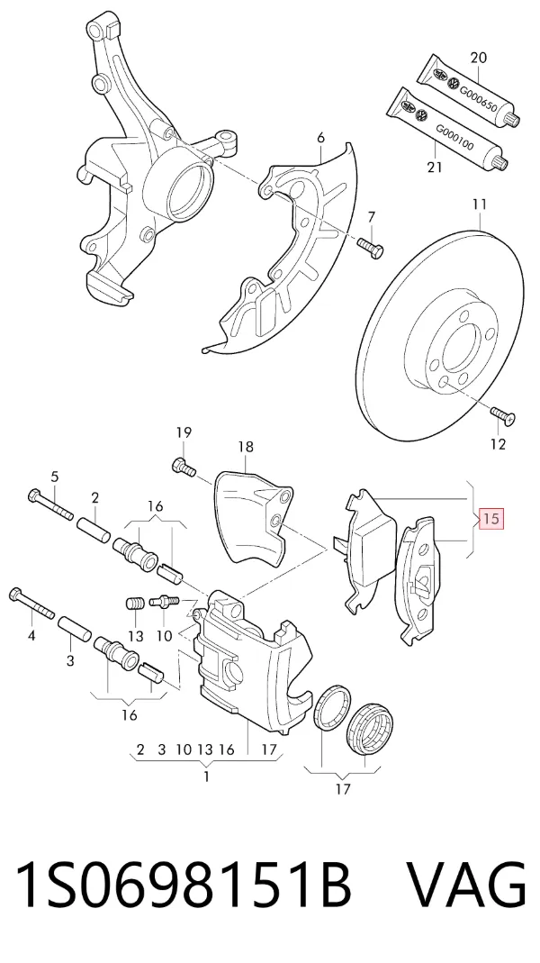 Передние тормозные колодки 1S0698151B VAG