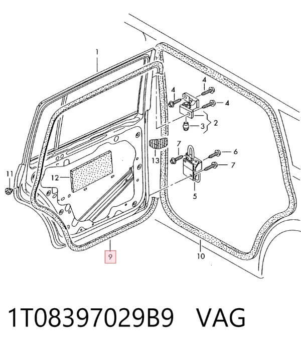Уплотнитель двери задней правой (на двери) 1T08397029B9 VAG