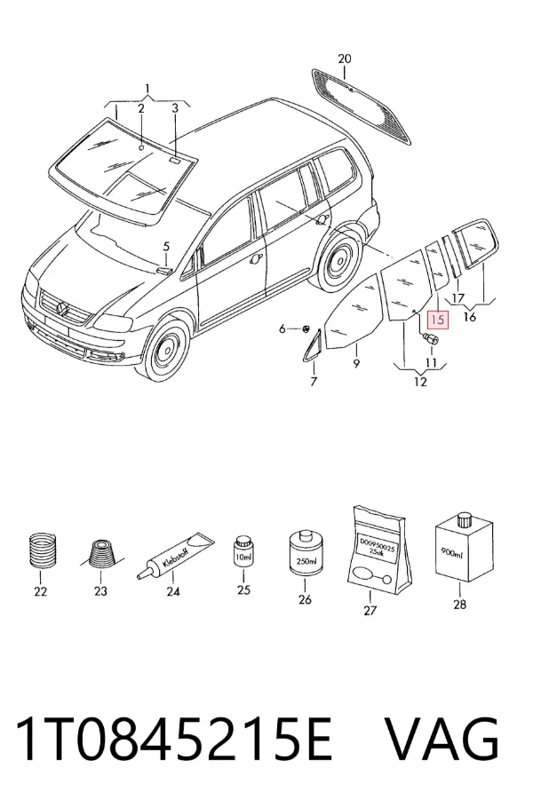 Стекло-форточка двери задней левой 1T0845215E VAG