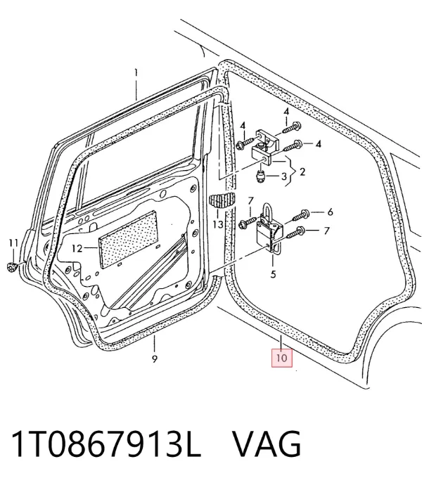 Уплотнитель двери задней (на кузове) 1T0867913L VAG