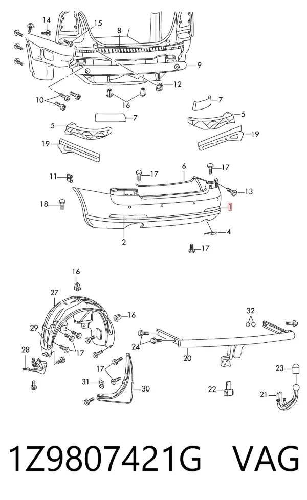 Задний бампер 1Z9807421G VAG