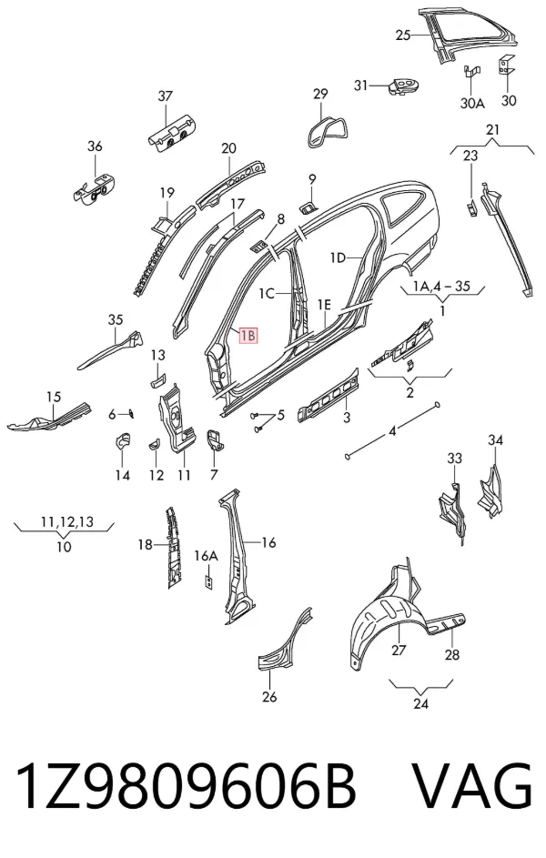 Стойка кузова передняя правая 1Z9809606B VAG