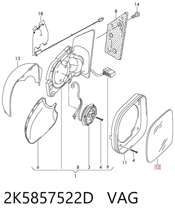 Стекло правого зеркала заднего вида 2K5857522D VAG