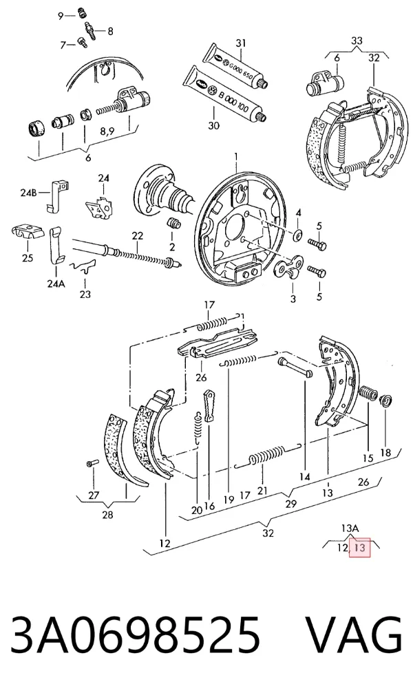 Задние барабанные колодки 3A0698525 VAG