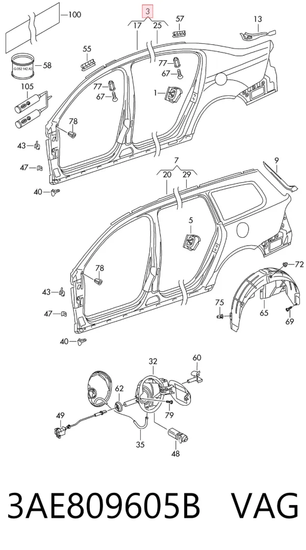 Боковина кузова левая 3AE809605B VAG