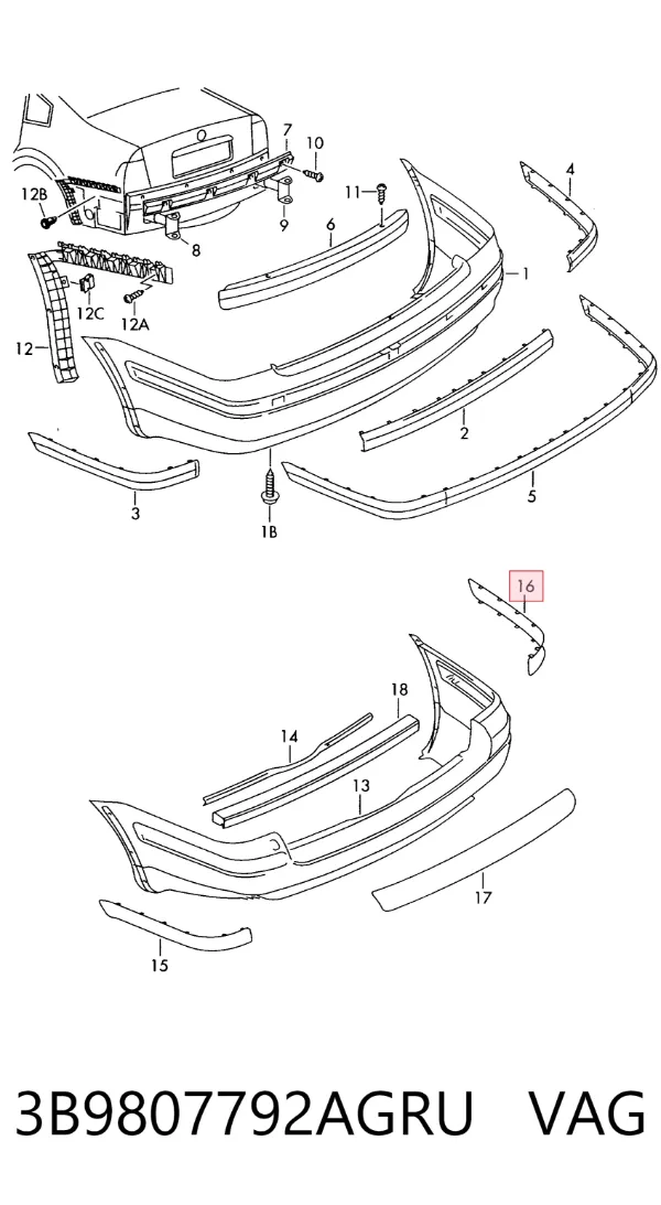 Молдинг бампера заднего правый 3B9807792A VAG