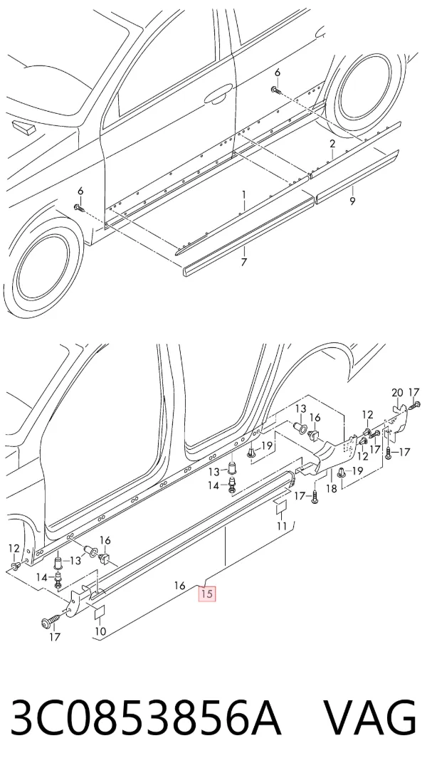 Накладка (молдинг) порога наружная правая 3C0853856B Diamond/DPA