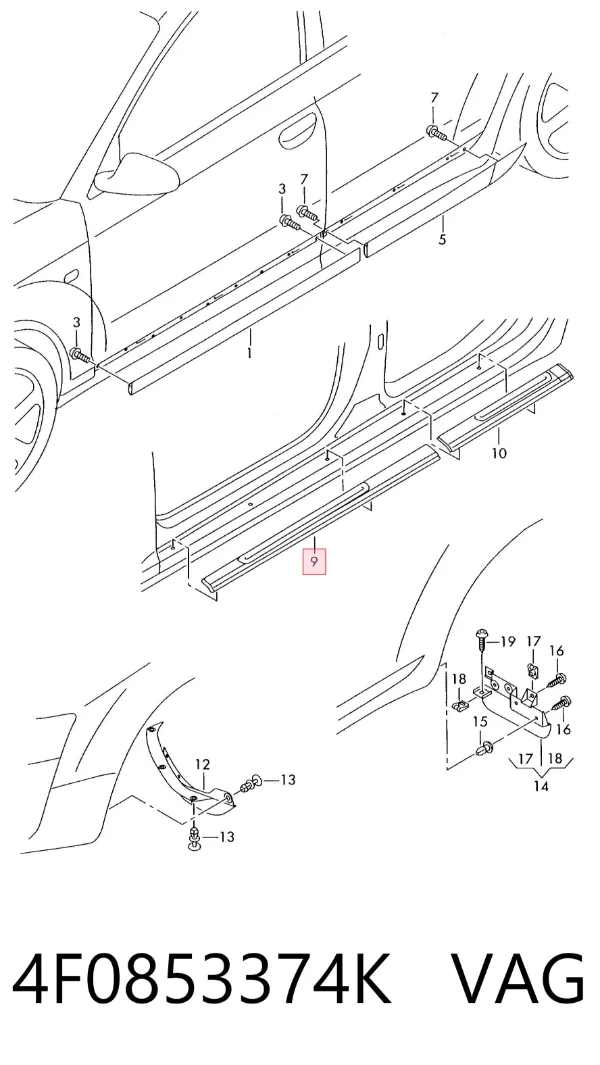 Накладка (молдинг) порога наружная передняя правая 4F0853374K VAG