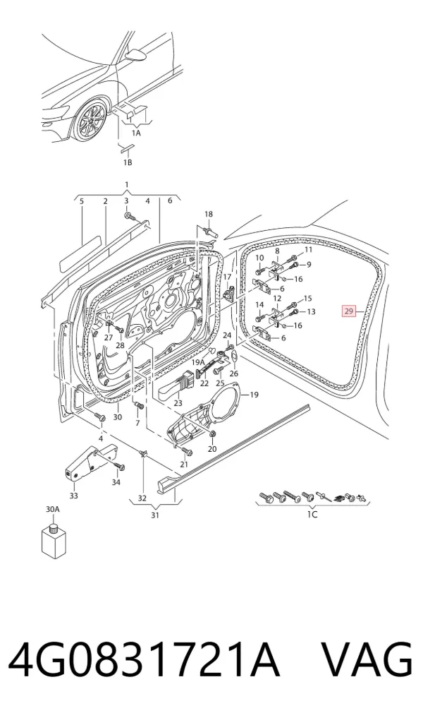 Уплотнитель двери передней (на кузове) 4G0831721A VAG