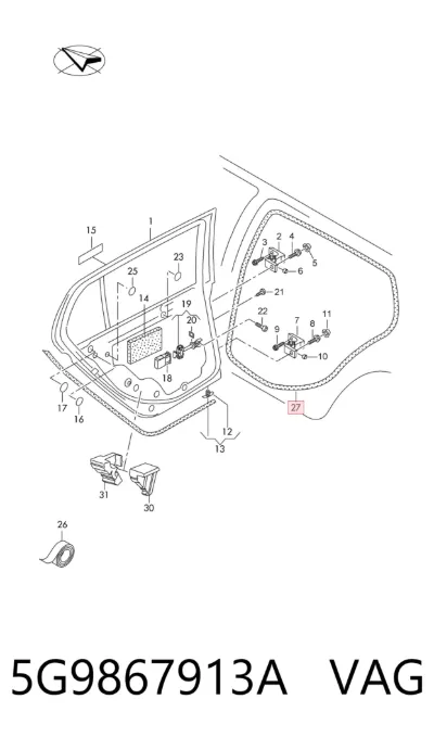 Уплотнитель двери задней левой (на кузове) VAG 5G9867913A