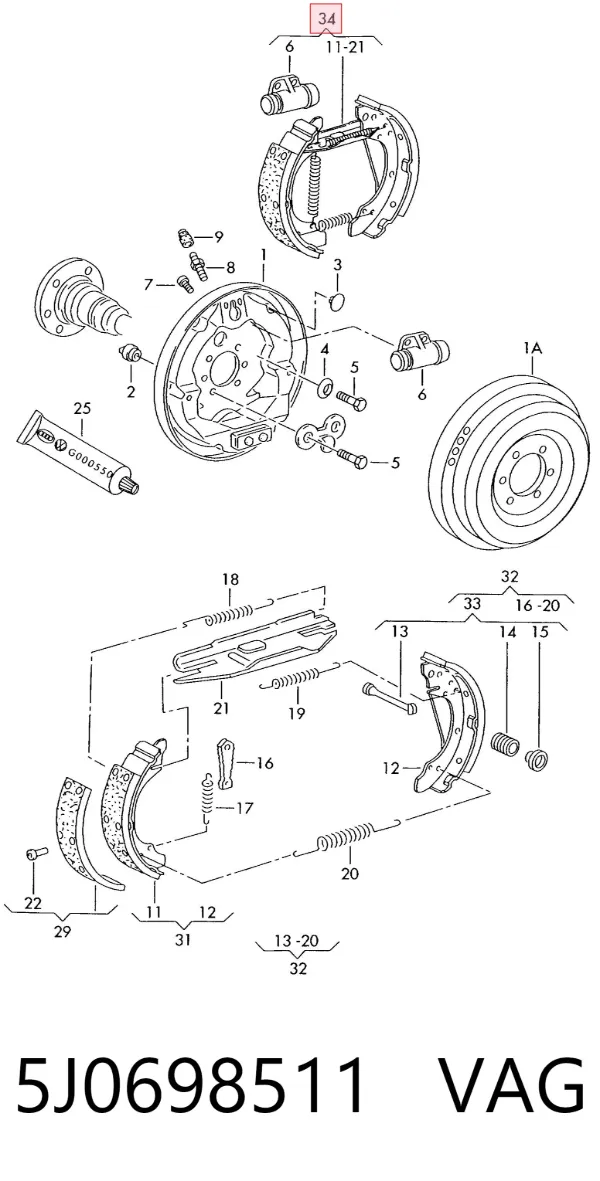 Задние барабанные колодки 5J0698511 VAG