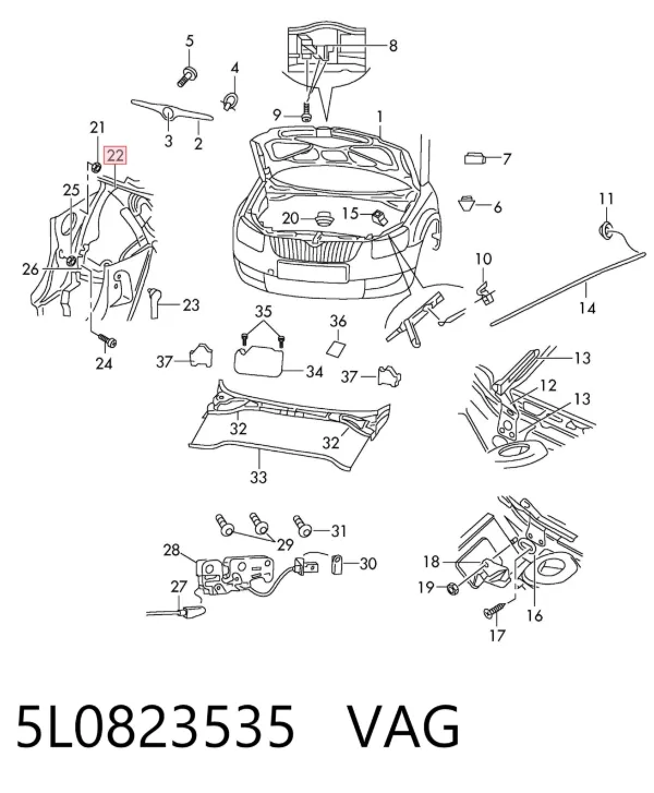 Трос открывания капота задний 5L0823535 VAG