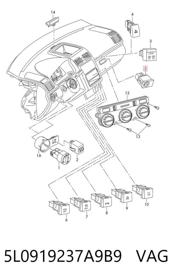 Кнопка отключения подушек безопасности AIRBAG 5L0919237A9B9 VAG