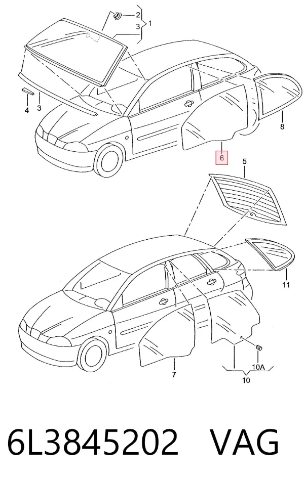 Стекло двери передней правой 6L3845202 VAG