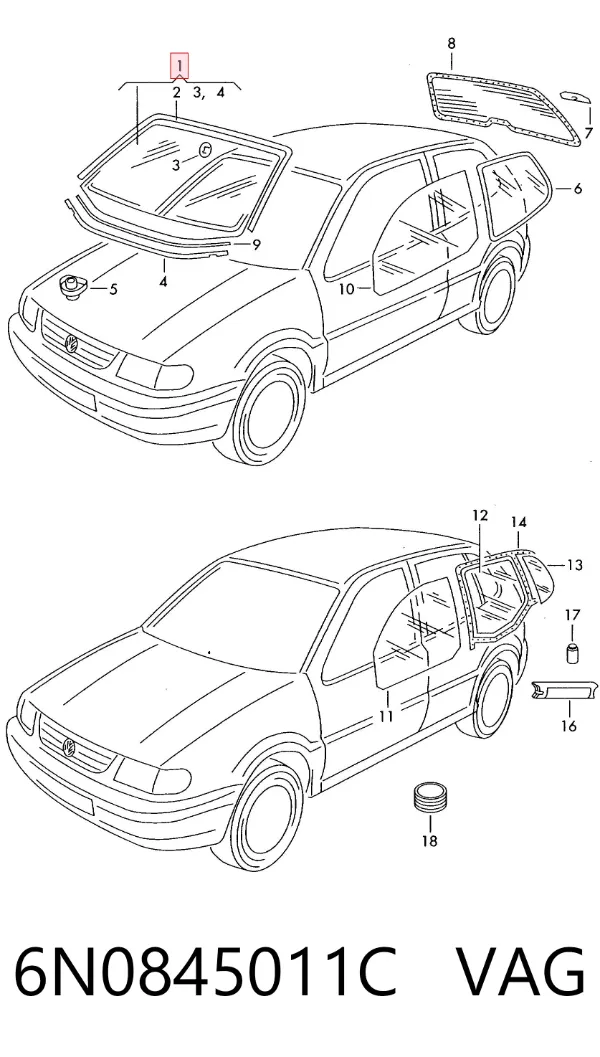 Лобовое стекло 6N0845011C VAG