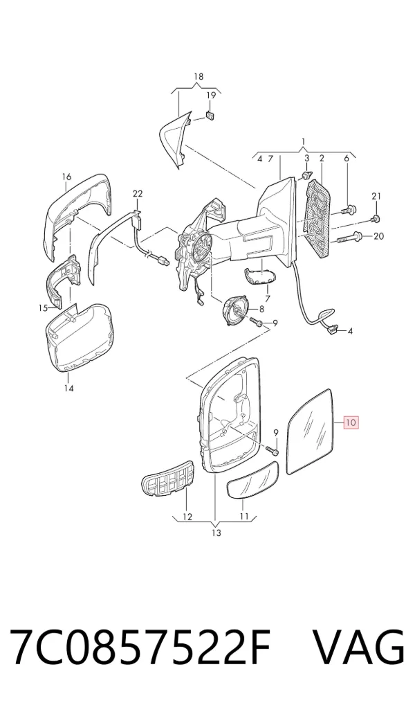 Стекло правого зеркала заднего вида 7C0857522F VAG
