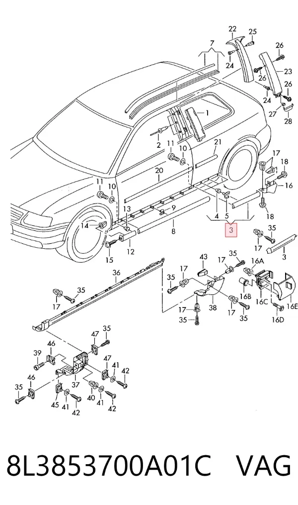 Накладка (молдинг) порога наружная задняя правая 8L3853700A01C VAG