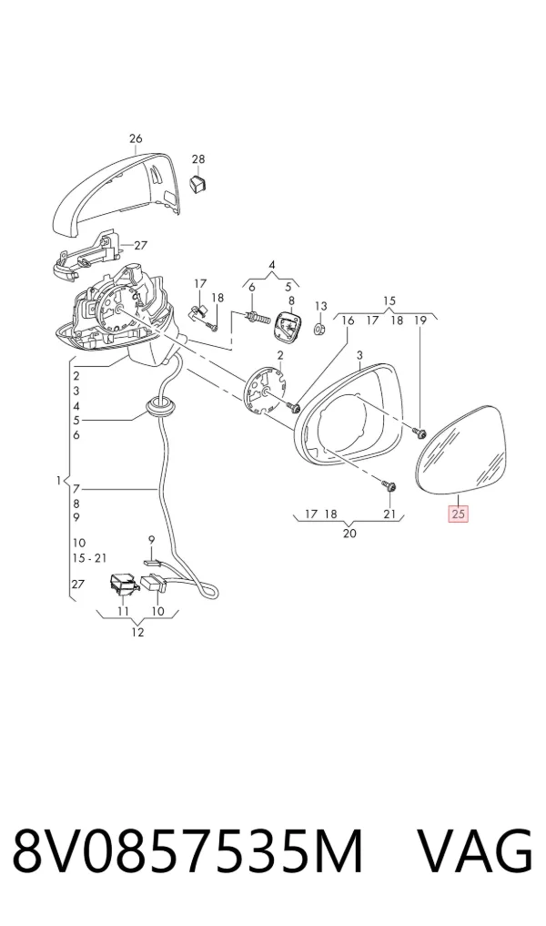 Стекло левого зеркала заднего вида 8V0857535M VAG