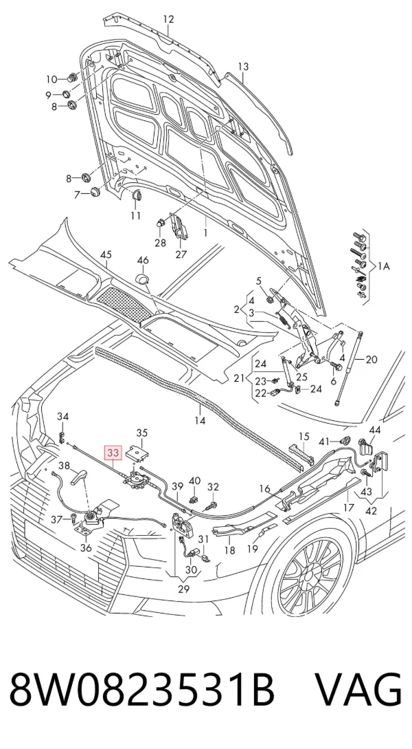 Трос открывания капота передний 8W0823531B VAG