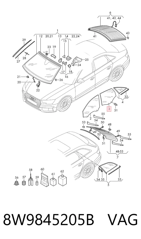 Стекло двери задней левой 8W9845205B VAG