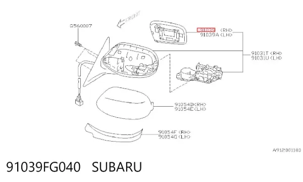 Стекло правого зеркала заднего вида 91039FG040 Subaru