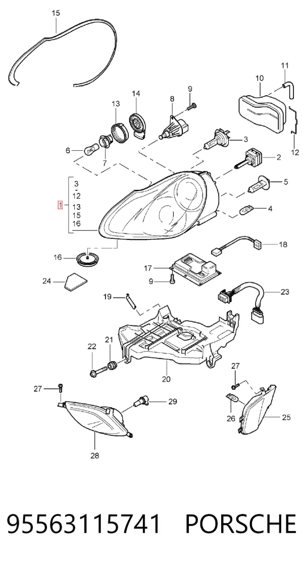 Левая фара 95563115741 Porsche