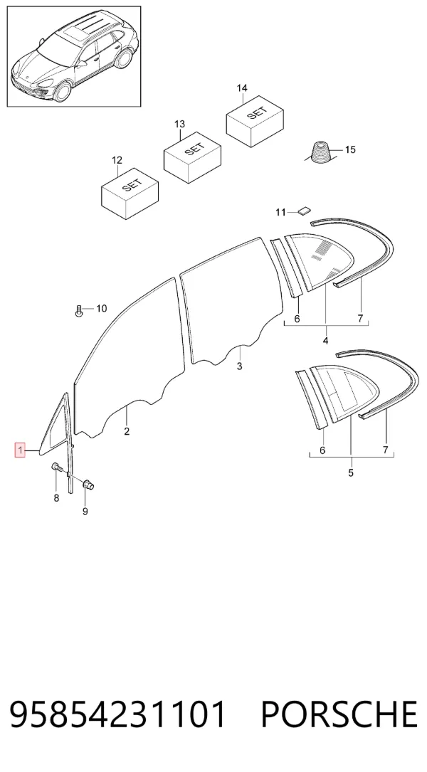 Стекло-форточка двери передней левой 95854231101 Porsche