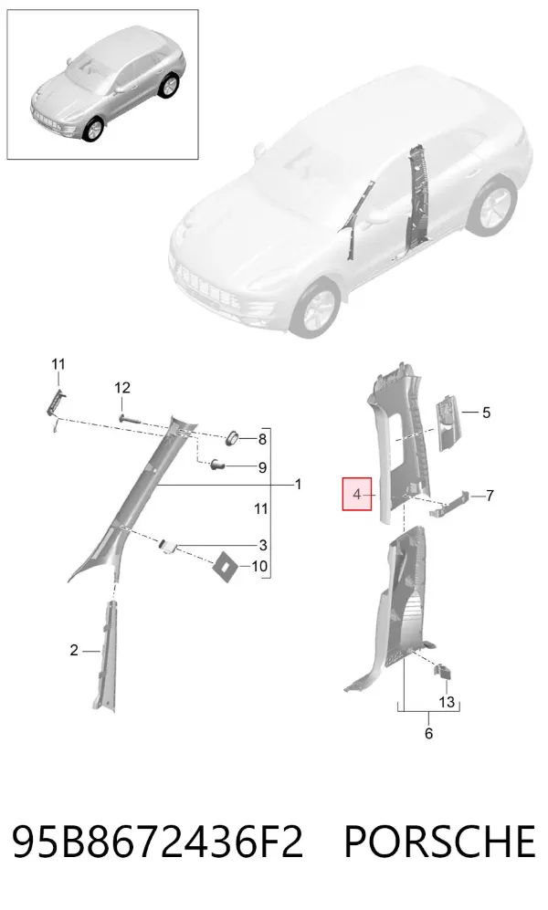 Обшивка стойки кузова внутренняя средняя левая 95B8672436F2 Porsche