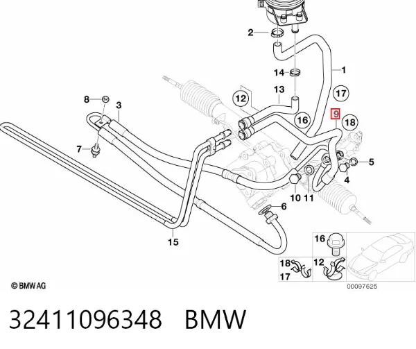 Шланг ГУР от рейки к радиатору 32411096348 BMW
