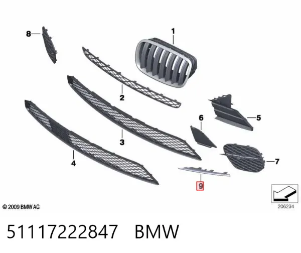 Молдинг решетки бампера переднего левый 51117222847 BMW