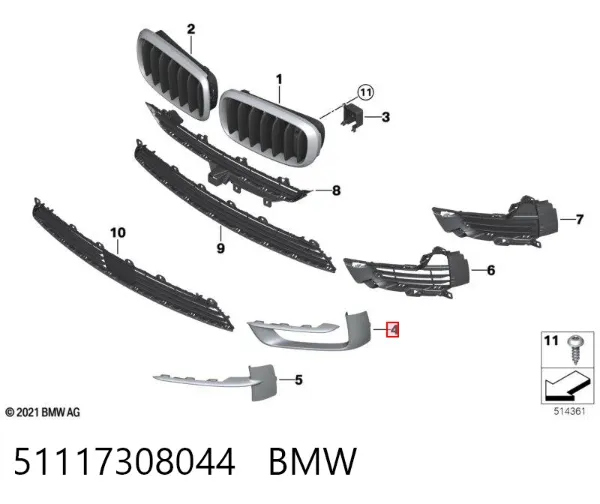 Молдинг решетки бампера переднего правый 51117308044 BMW