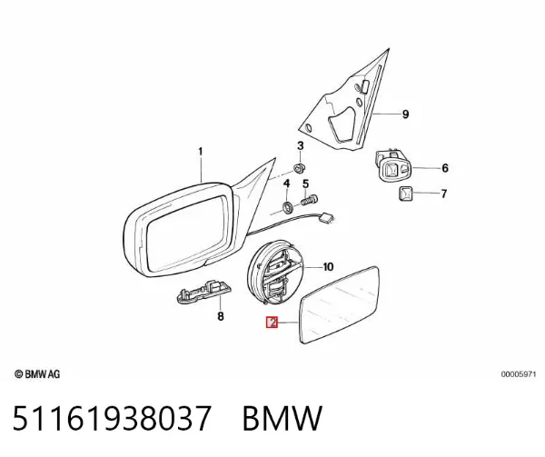 Стекло левого зеркала заднего вида 51161938037 BMW