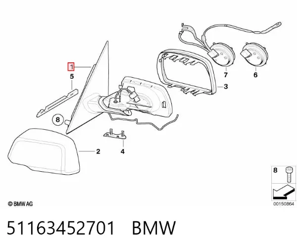 Левое боковое зеркало 51163452701 BMW