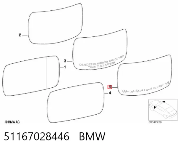 Стекло правого зеркала заднего вида 51167028446 BMW