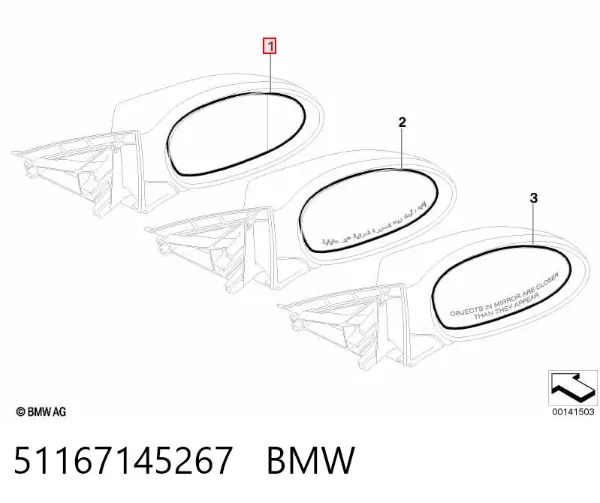 Стекло левого зеркала заднего вида 51167145267 BMW