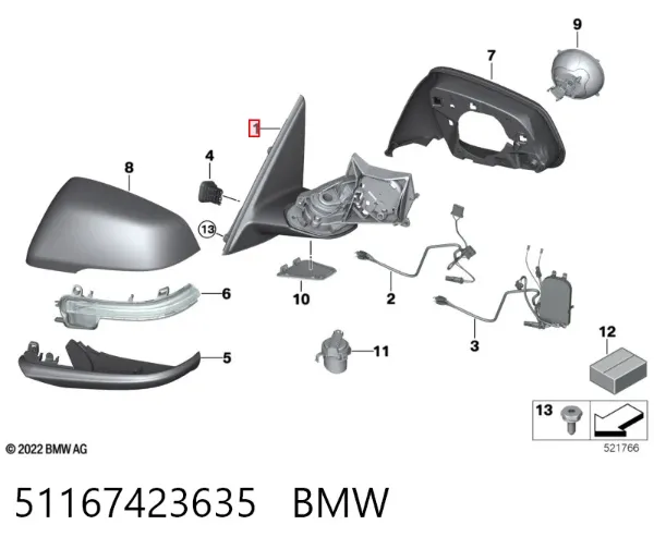 Левое боковое зеркало 51167423635 BMW