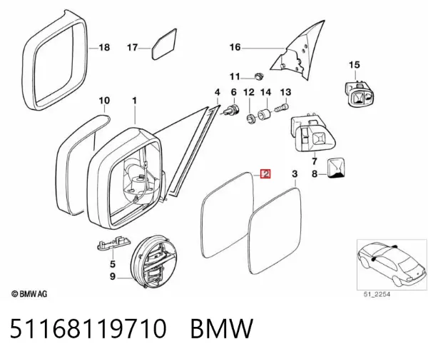 Стекло левого зеркала заднего вида 51168119710 BMW