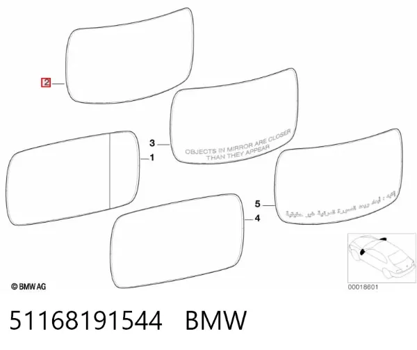 Стекло правого зеркала заднего вида 51168191544 BMW