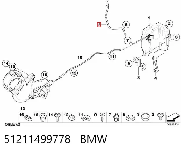 Трос (тяга) открывания замка двери передней левой 51211499778 BMW
