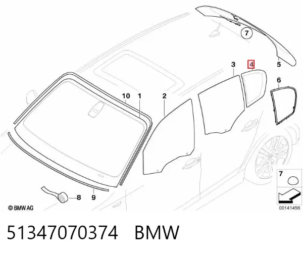 Стекло-форточка двери задней правой 51347070374 BMW