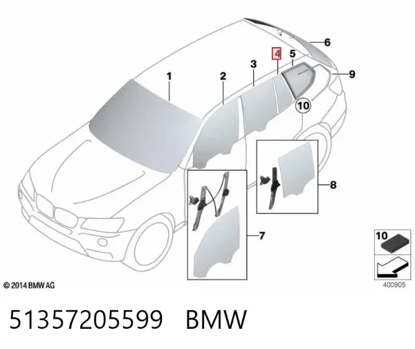 Стекло-форточка двери задней левой 51357205599 BMW