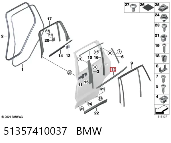 Молдинг опускного стекла двери задней левой 51357410037 BMW