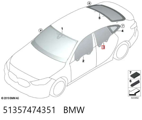 Стекло двери задней левой 51357474351 BMW