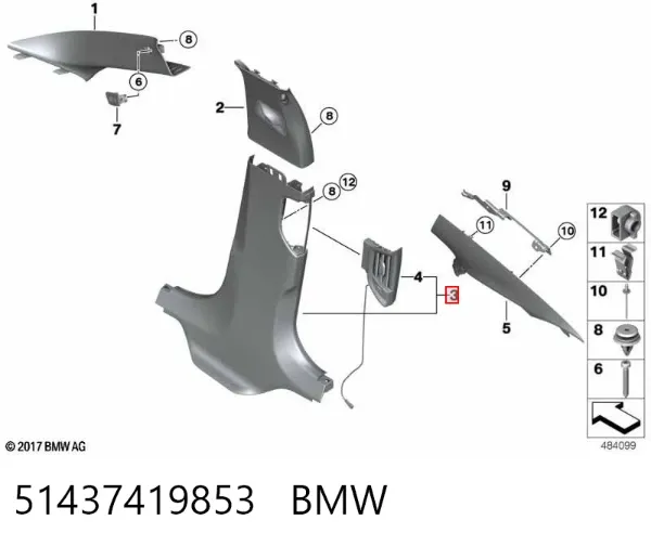 Обшивка стойки кузова внутренняя средняя нижняя левая 51437419853 BMW