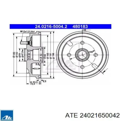 Барабан тормозной передний ATE 24021650042