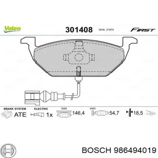 Передние тормозные колодки 986494019 Bosch