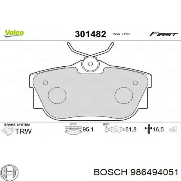 Задние тормозные колодки 986494051 Bosch