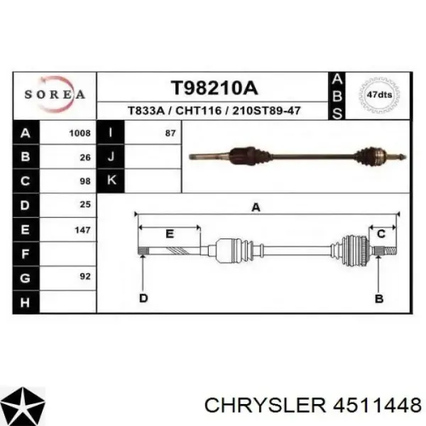 Полуось передняя, правая на Chrysler Voyager I ES 
