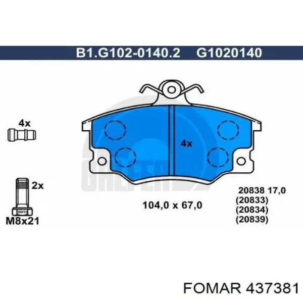 Передние тормозные колодки 437381 Fomar Roulunds